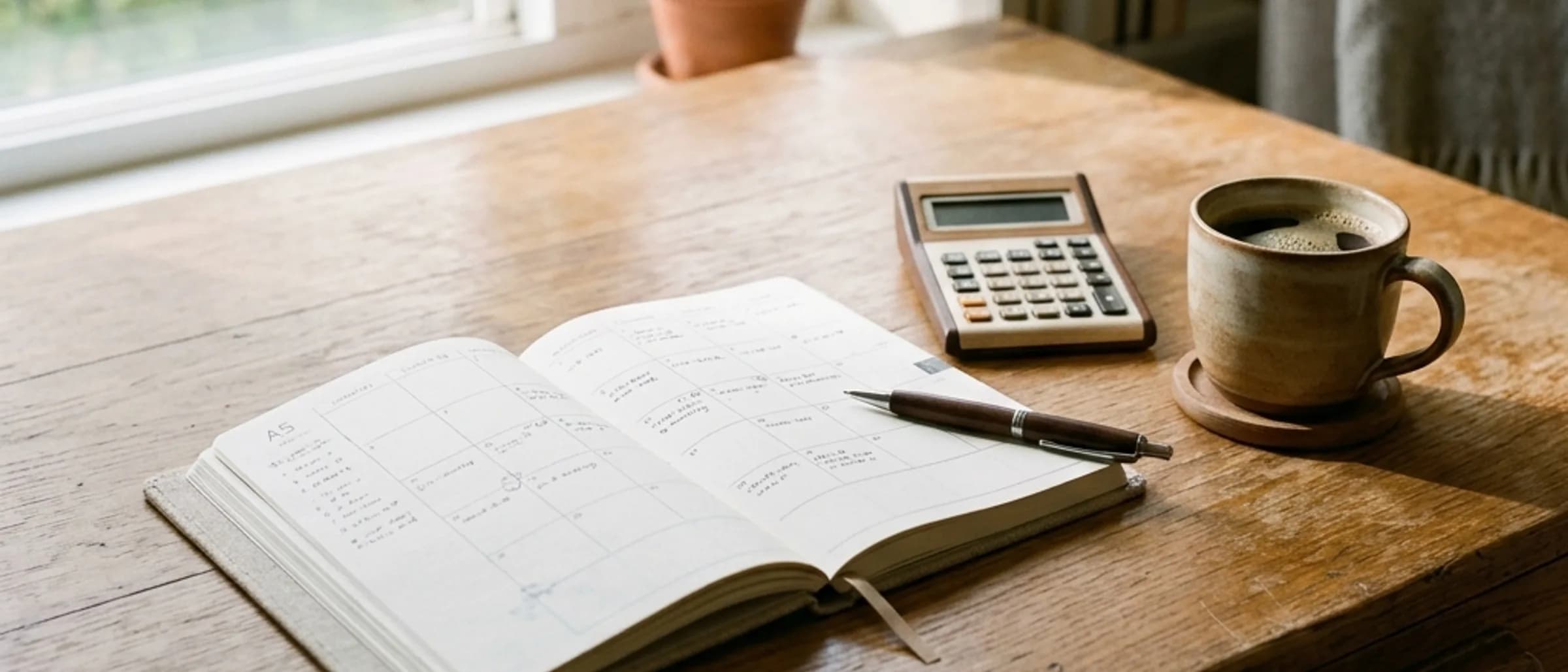 A warm home desk in morning daylight with an open planner, a small calculator, a coffee and a pen.